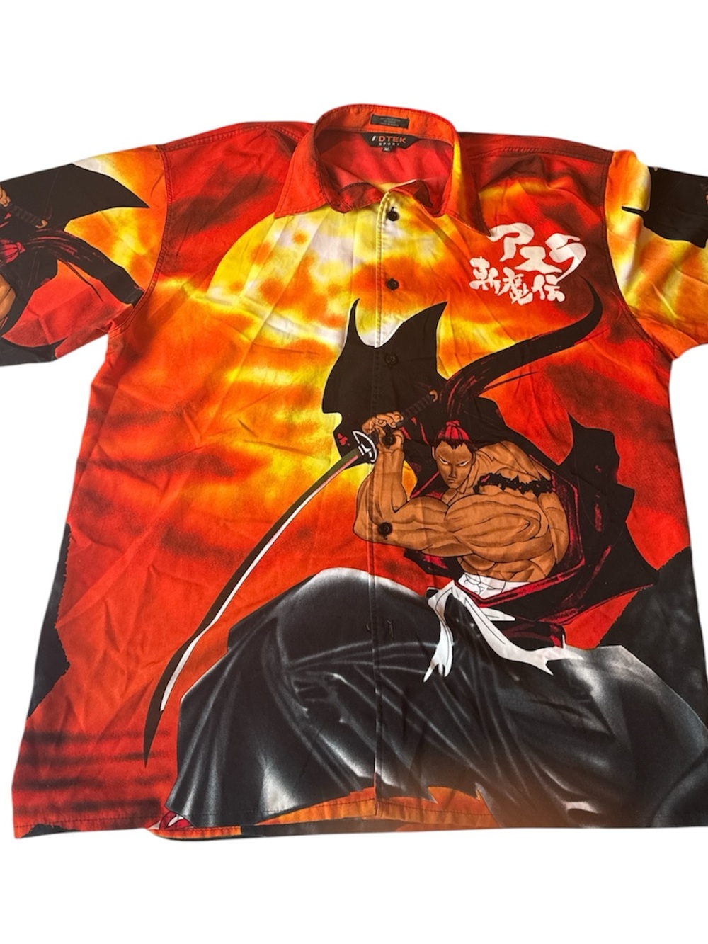 Vintage DTEK Sport Graphic Samurai Anine Button Up Shirt Short Sleeve Flame